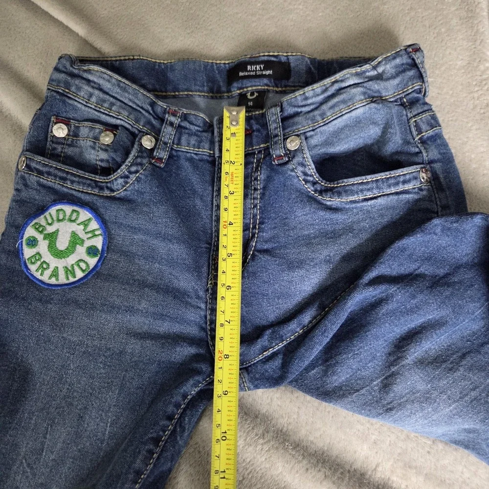 True Religion Jeans Youth 14 Blue Ricky Relaxed Straight Stretch Denim Patches